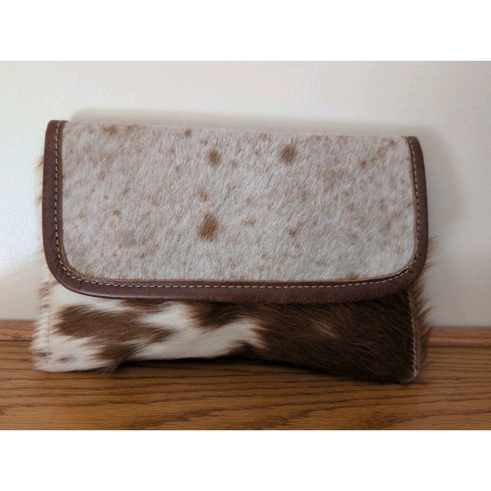 Myra HAND Bag White Brown Cow Hide Hair Fur Clutch Wallet (No Strap) 10"x6.5"
